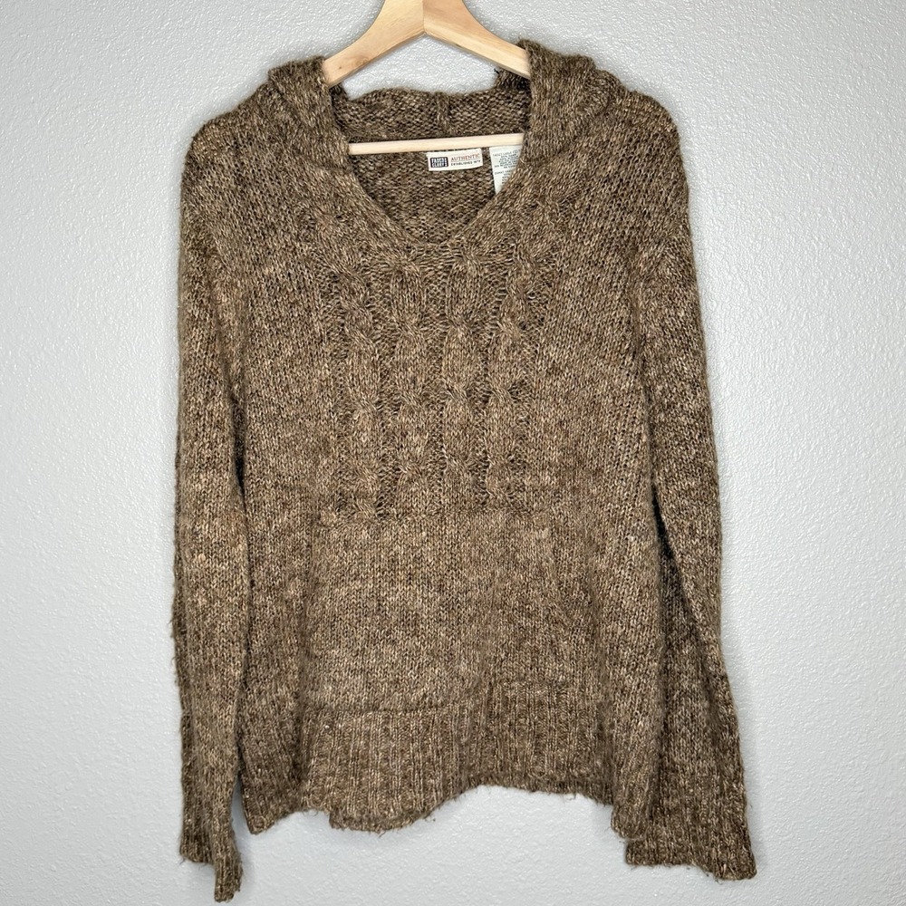 VTG Faded Glory Brown Cable Knit Hooded Sweater Y2K Kangaroo Pocket Cozy Large